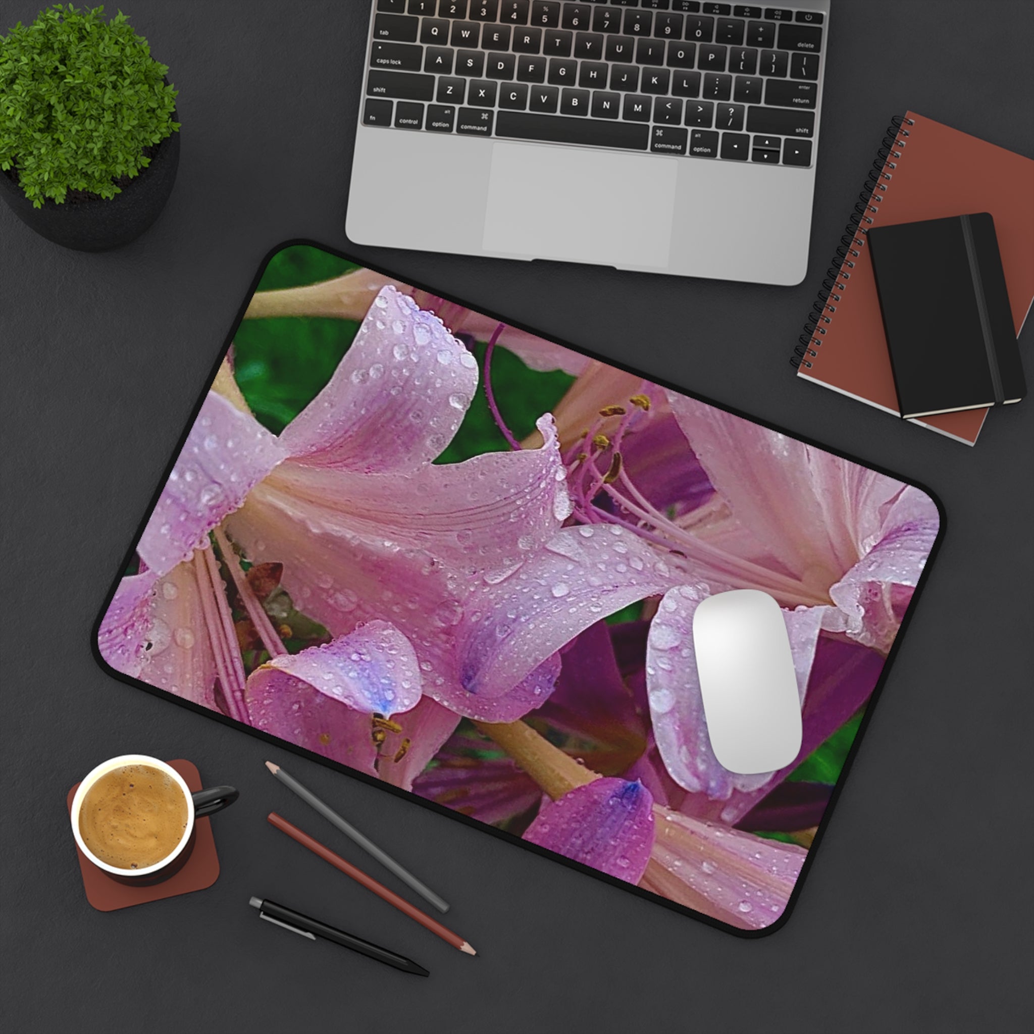Rainy Pink Lilies Desk Mat