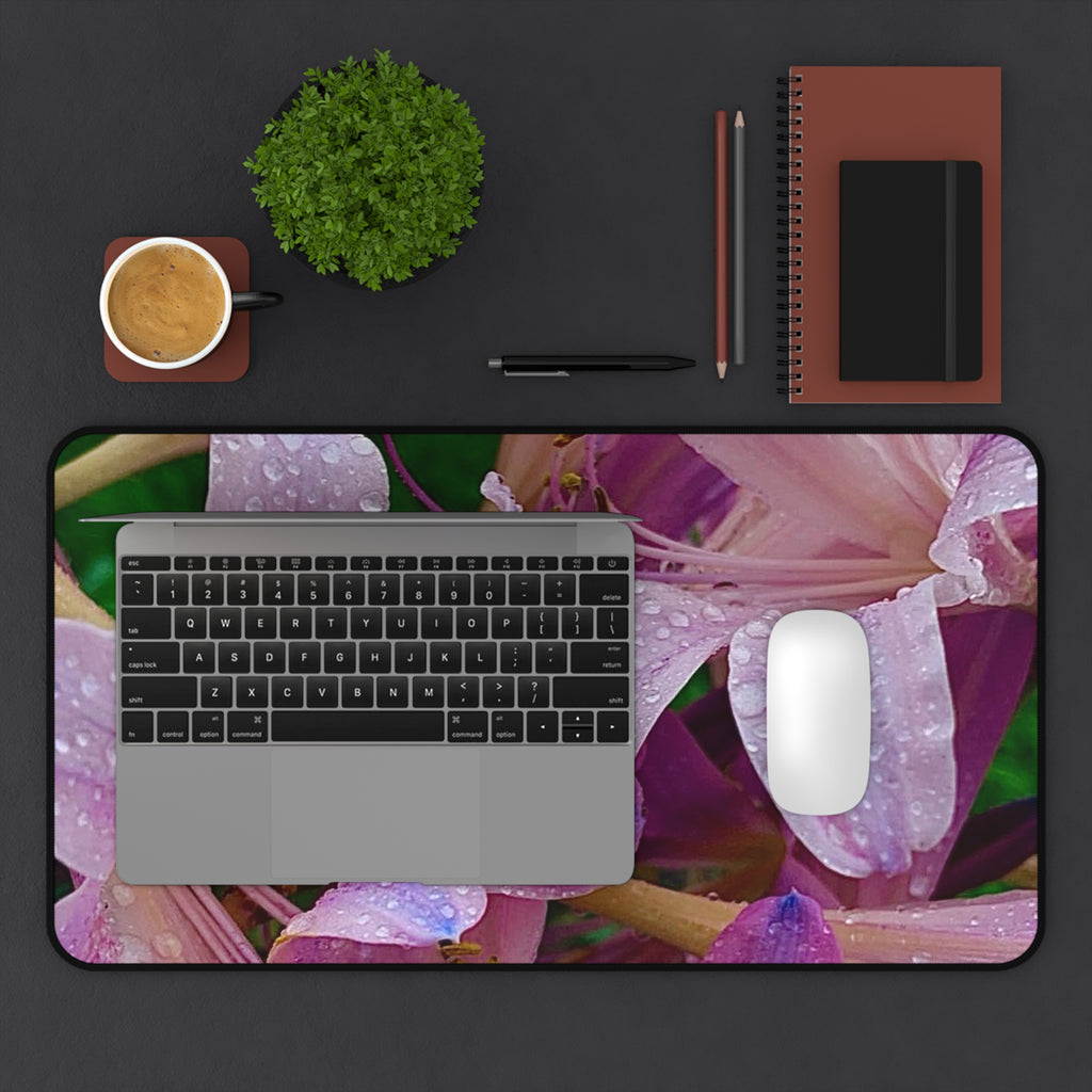 Rainy Pink Lilies Desk Mat