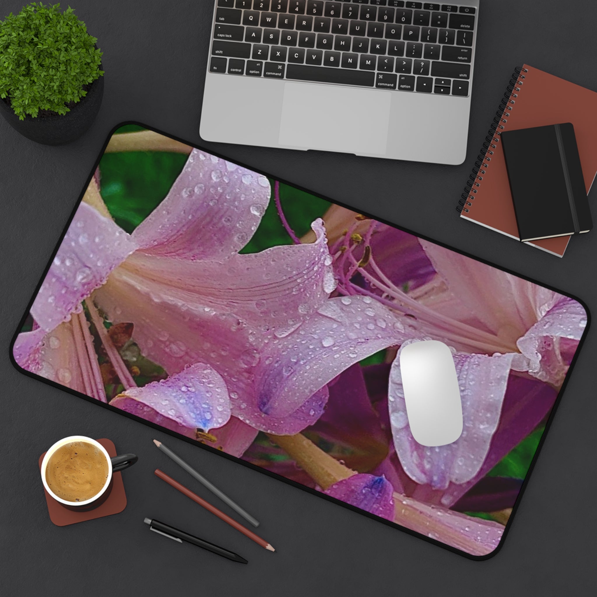 Rainy Pink Lilies Desk Mat