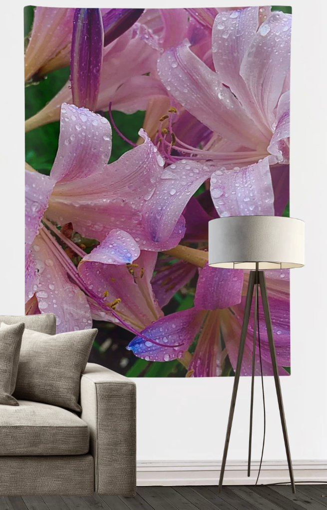 Rainy Pink Lilies Wall Tapestry