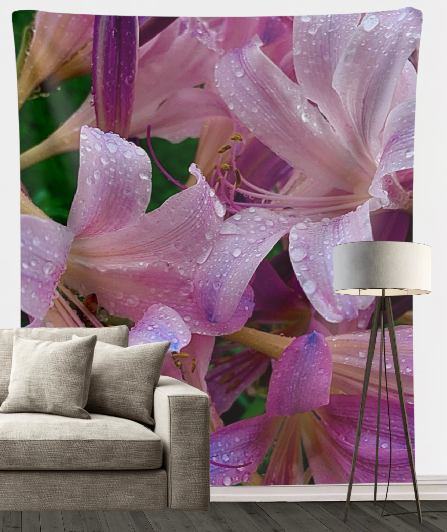 Rainy Pink Lilies Wall Tapestry