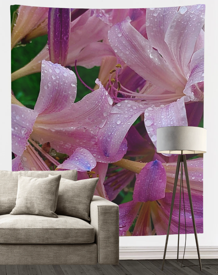Rainy Pink Lilies Wall Tapestry