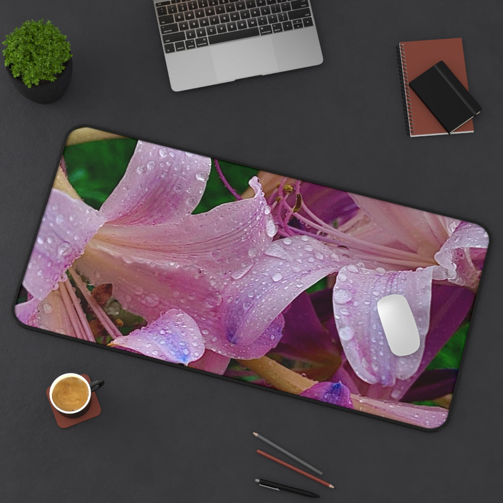 Rainy Pink Lilies Desk Mat