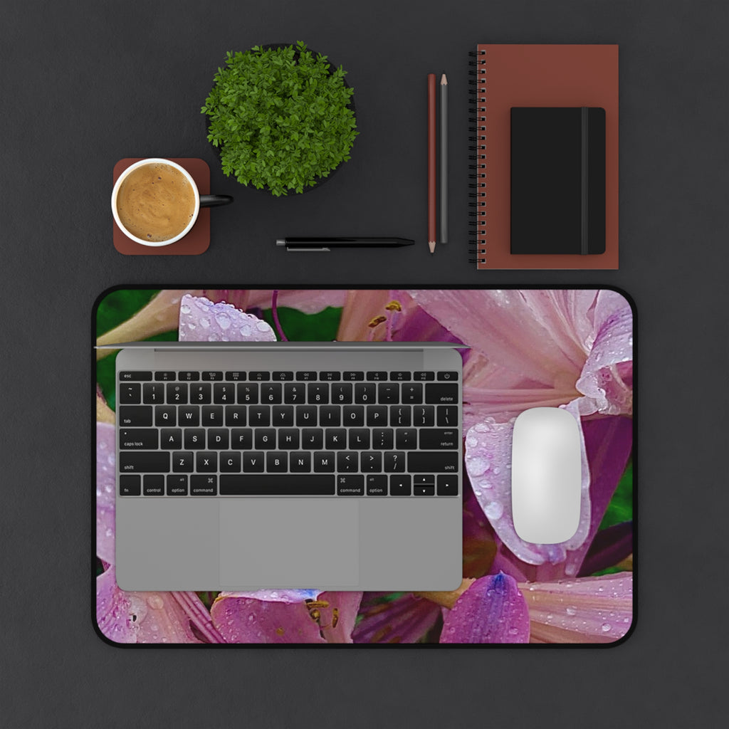 Rainy Pink Lilies Desk Mat