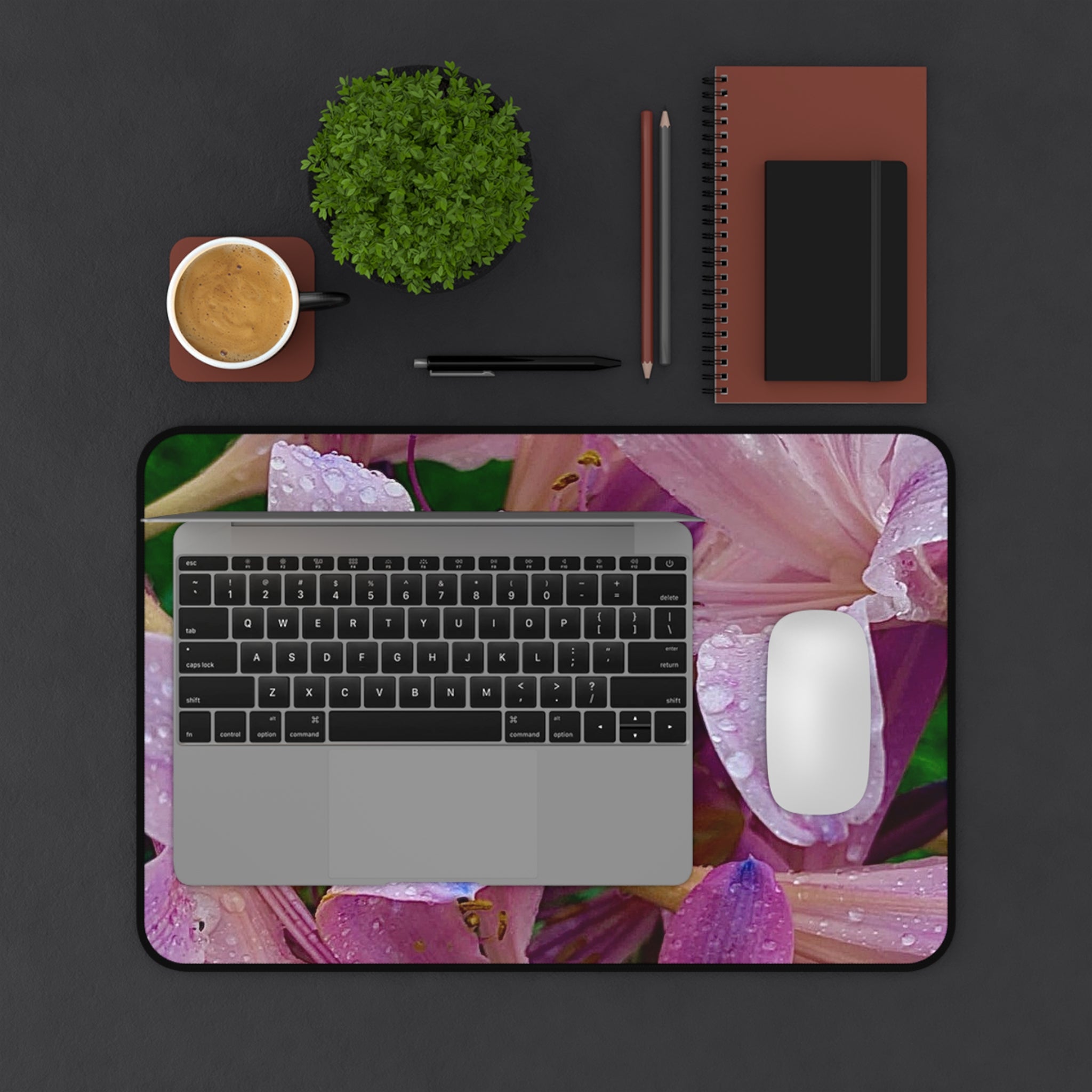 Rainy Pink Lilies Desk Mat