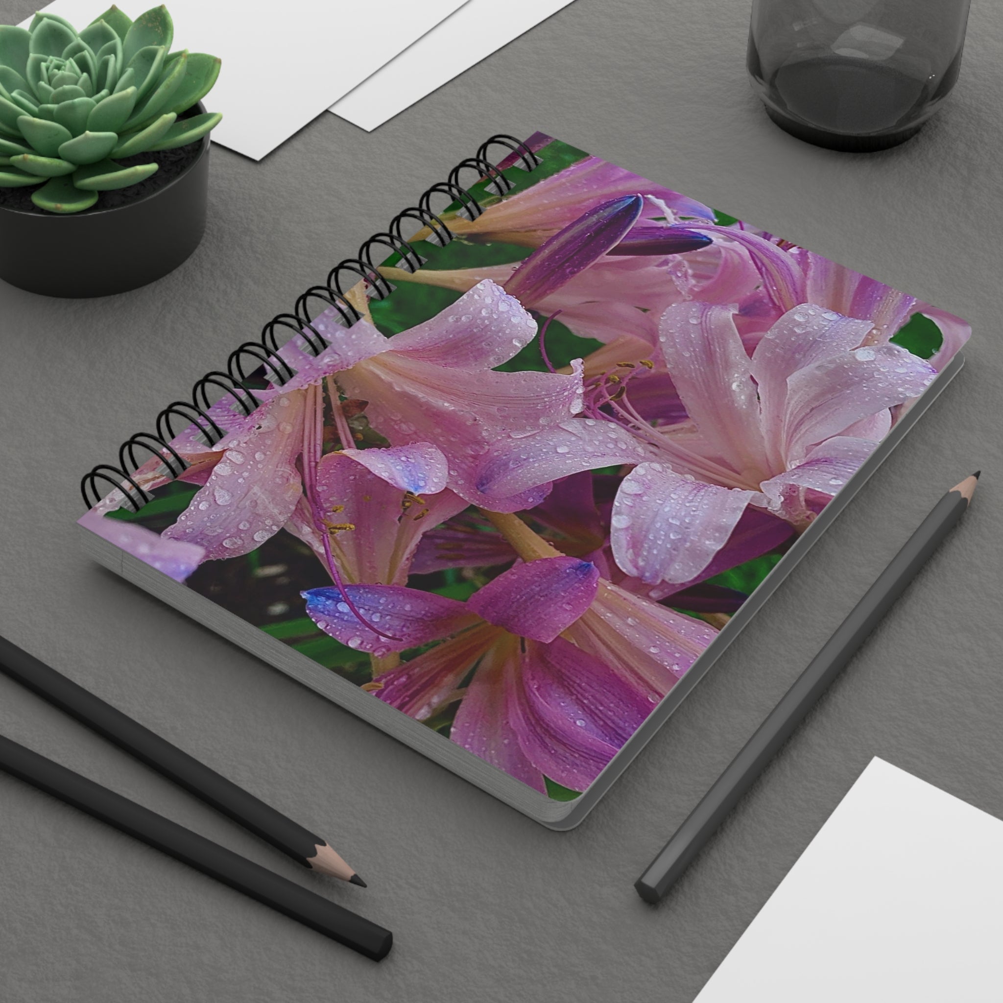 Rainy Pink Lilies Spiral Journal