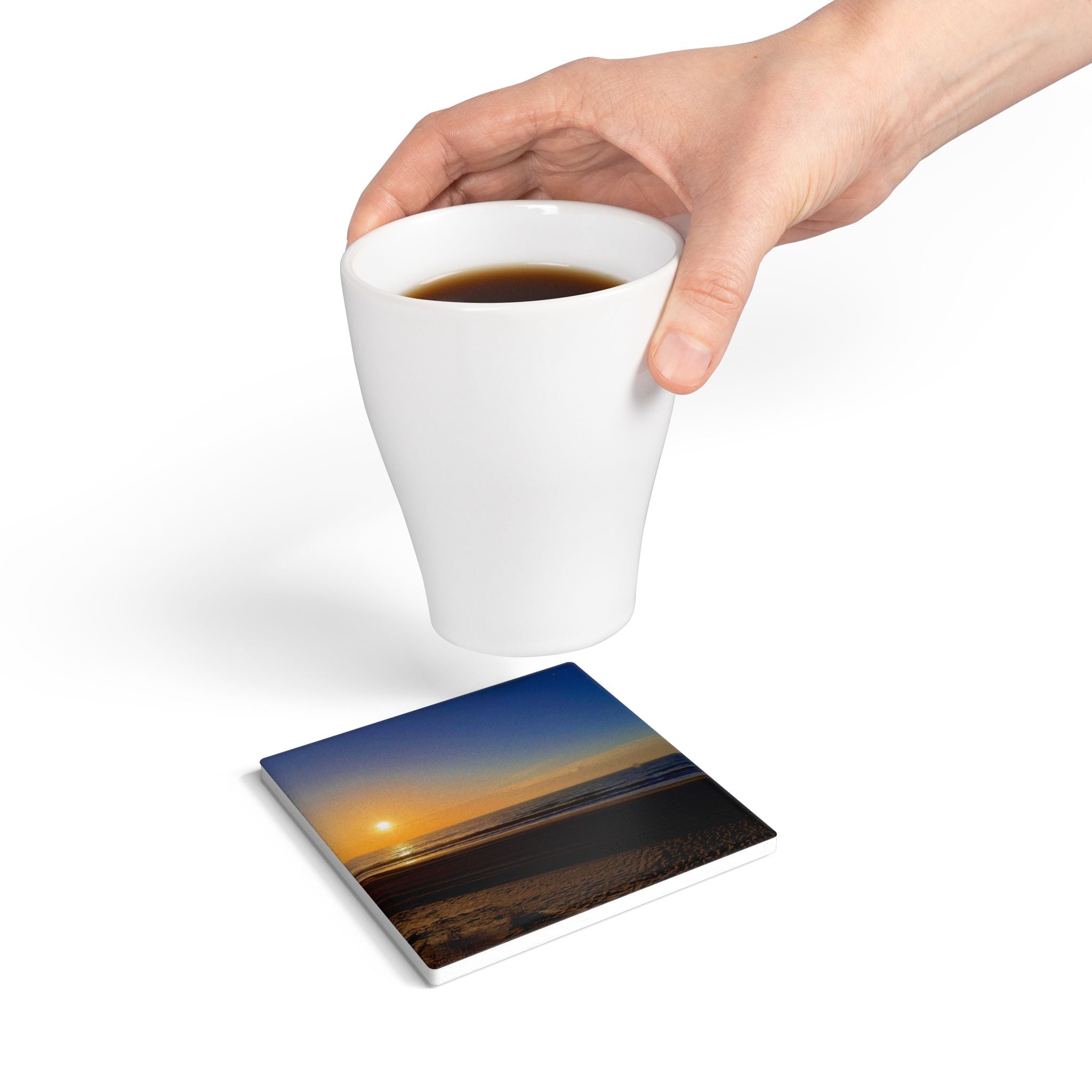 Sunset Beach Ceramic Coaster — Coastal Ocean Sunrise Drink Coaster