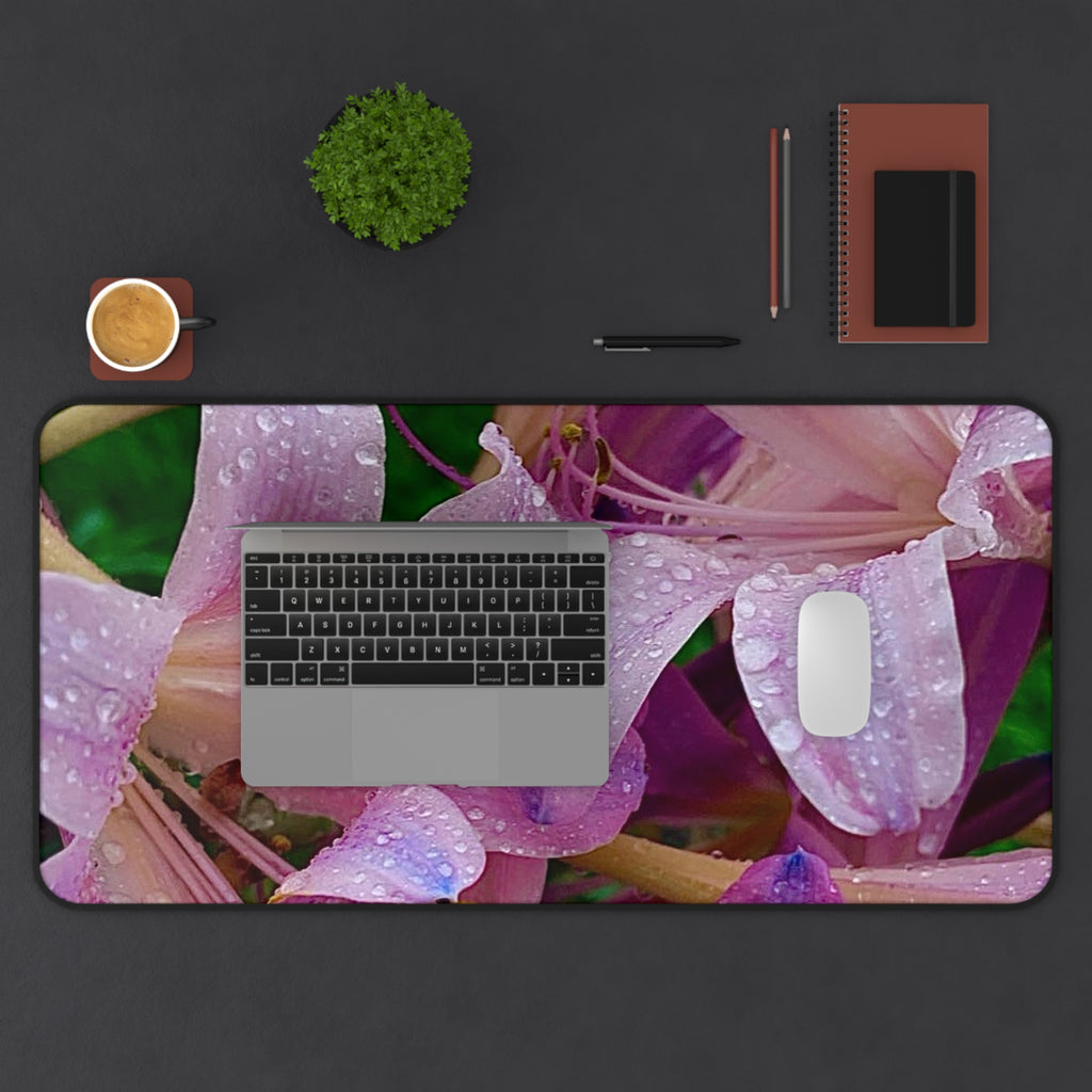 Rainy Pink Lilies Desk Mat