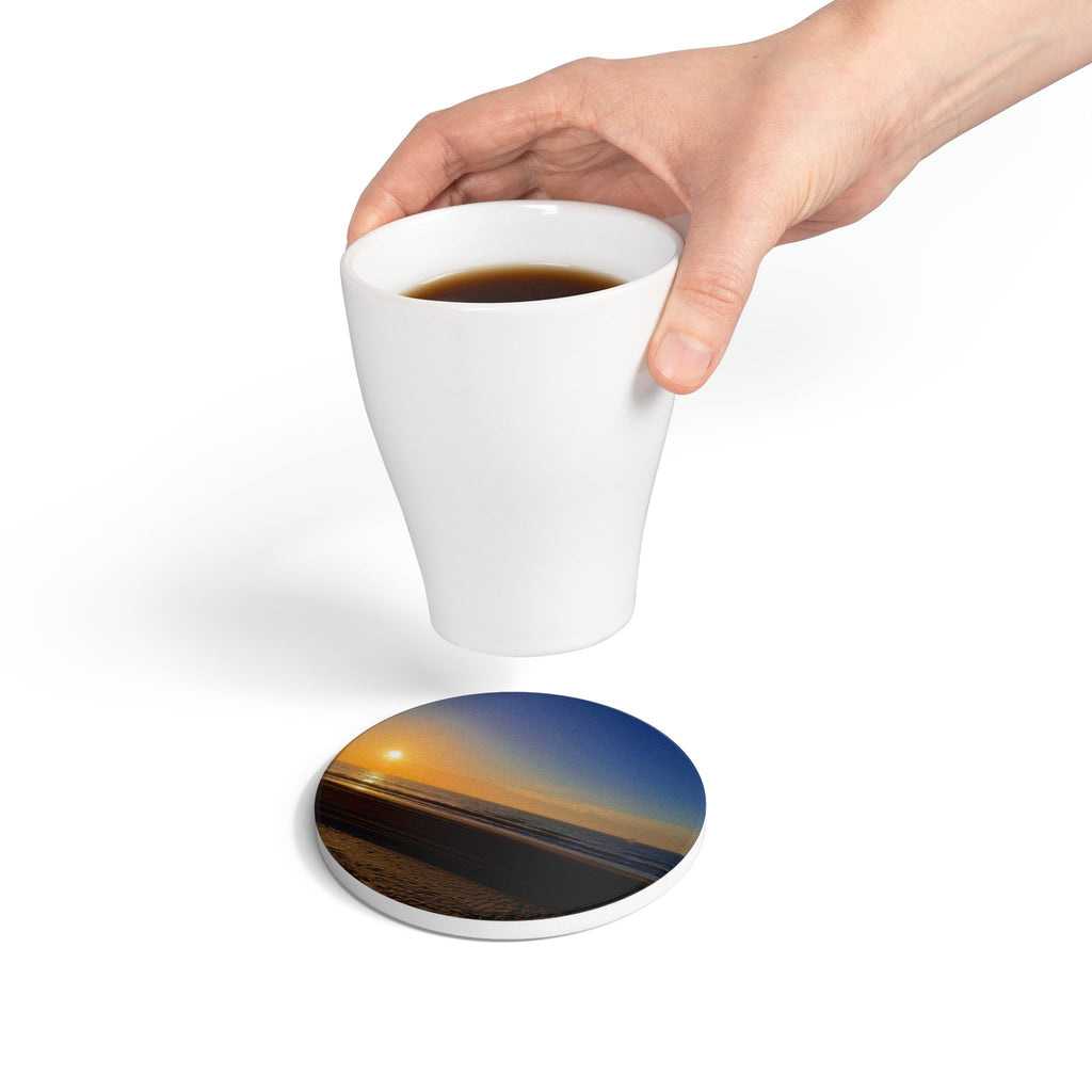 Sunset Beach Ceramic Coaster — Coastal Ocean Sunrise Drink Coaster